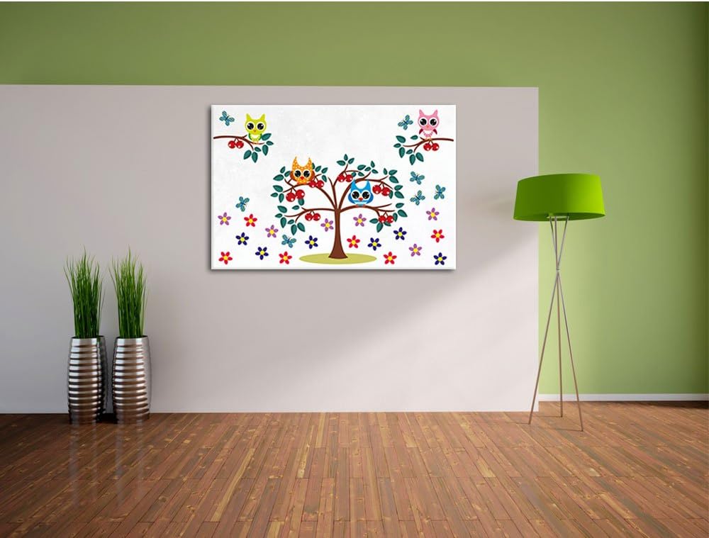Pixxprint Bäume mit süssen Eulen weiss, Format: 100x70 auf Leinwand, 100x70