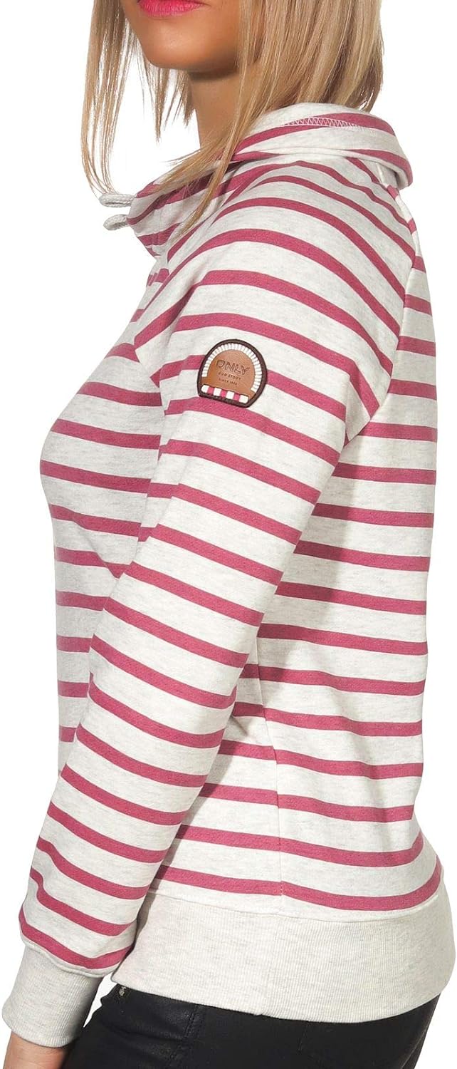 ONLY Damen gestreiftes Sweatshirt Randi Nadine Knopfleiste 15170109 Oatmeal Stripes/Rose Wine L