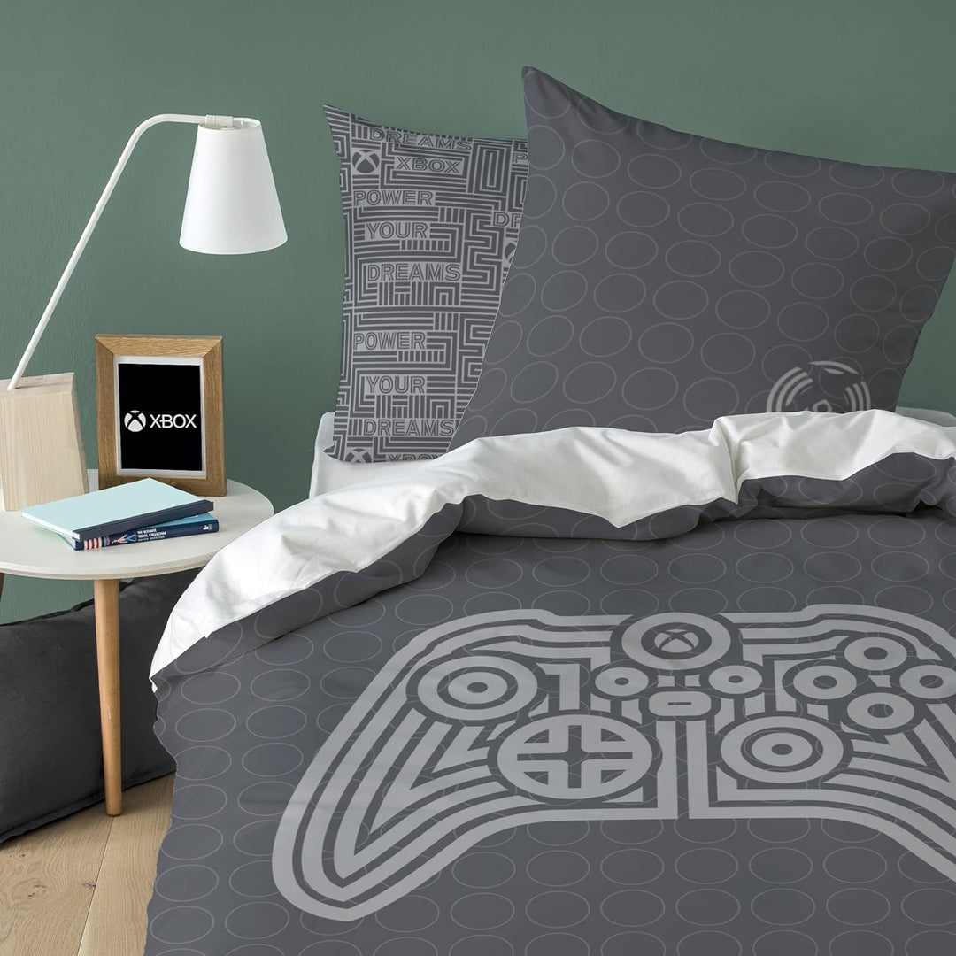 CTI Bettwäsche aus 100% Baumwolle, für Xbox Power Schwarz / Grau 140X200 Cm + 63X63 Cm, Schwarz / Gr
