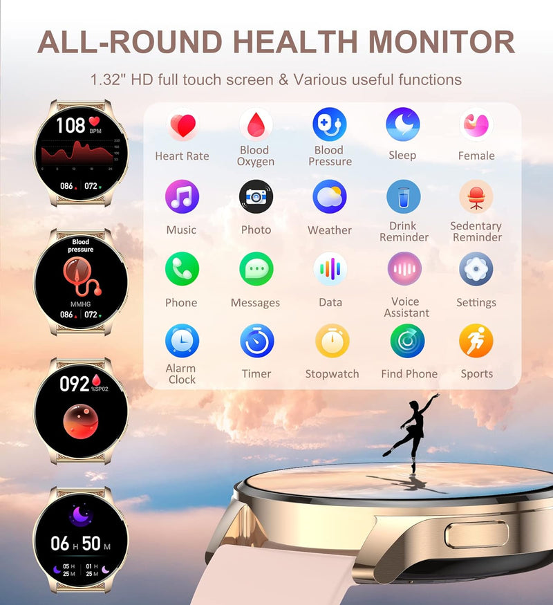 Smartwatch Damen, 1,32 Zoll Touchscreen Fitnessuhr Damen, Wasserdicht Sportuhr Schrittzähler mit Tel