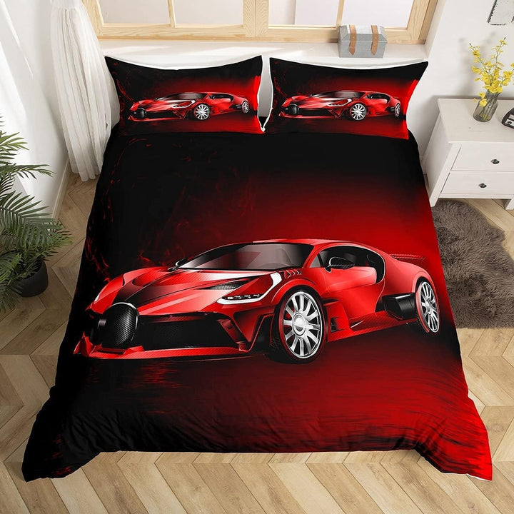 Sportwagen Drucken Bettbezug-Set Rot Rennwagen Bettwäsche Set 135x200cm Kinder Jungen Mädchen Extrem