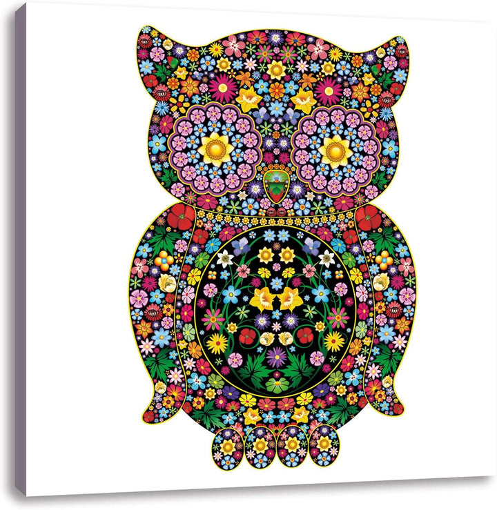 Eule aus Blumen Ornamenten, Format: 70x70 auf Leinwand, XXL riesige Bilder fertig gerahmt mit Keilra
