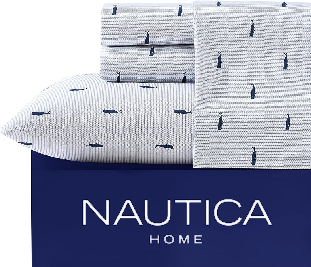 Nautica Bettwäsche-Set für Doppelbett, Baumwoll-Perkal-Bettwäsche-Set, Küstendekoration (Wal gestrei