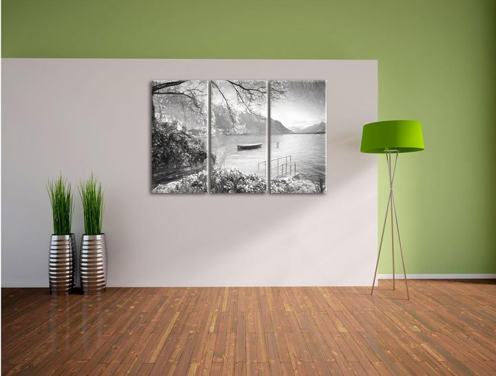 Pixxprint Genfer See im Sonnenschein Kunst / 3-Teilig/Gesamtmass 120cm Leinwandbild bespannt auf Hol