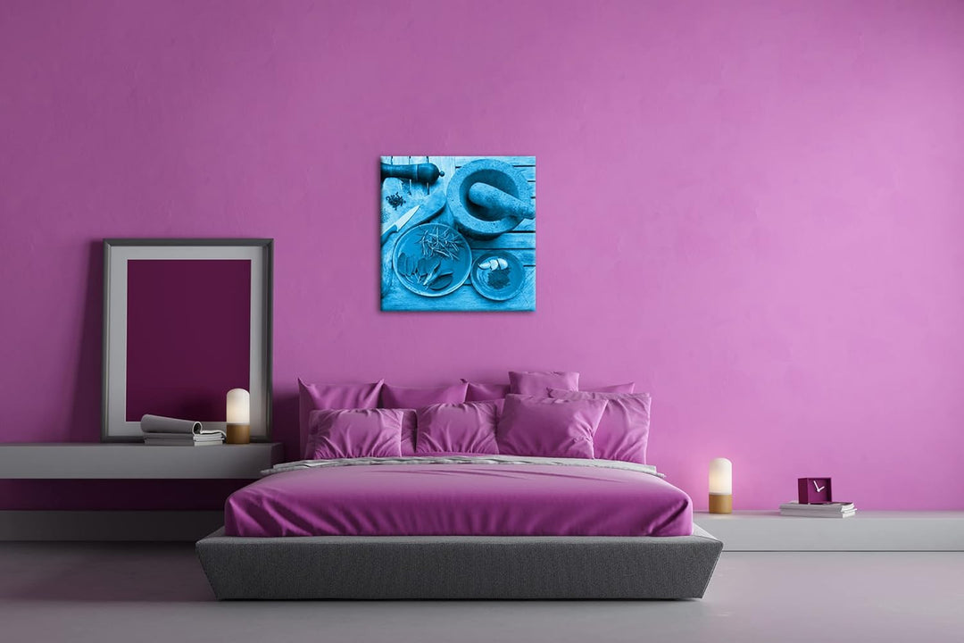 deyoli Gewürze mit einem Mörser Format: 60x60 Effekt: Monocrome Blau als Leinwandbild, Motiv fertig