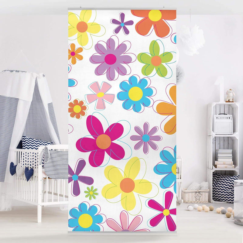 Raumteiler Kinderzimmer Retro Blumen 250x120cm inkl. transparenter Halterung 250x120cm incl. transpa