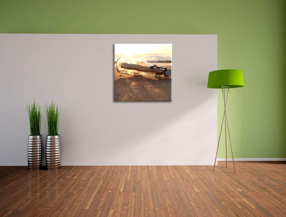 Flaschenpost am Strand, Format: 70x70 auf Leinwand, XXL riesige Bilder fertig gerahmt mit Keilrahmen