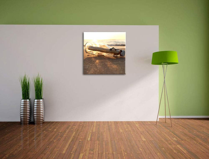 Flaschenpost am Strand, Format: 70x70 auf Leinwand, XXL riesige Bilder fertig gerahmt mit Keilrahmen