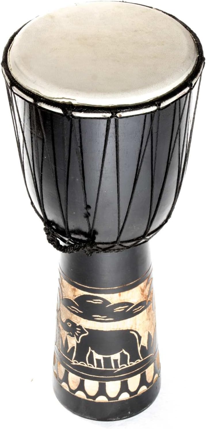 Grosse 60cm Djembe Holz Trommel Bongo Ziegenfell Elefant Schwarz + Kokos Rassel Maraca R2
