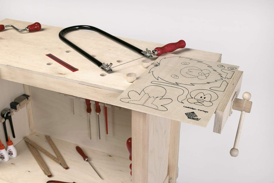 Pebaro 489 Werkbank aus Holz für Kinder, höhenverstellbar von 72 bis 87 cm, Tischgrösse 30x77 cm, pe