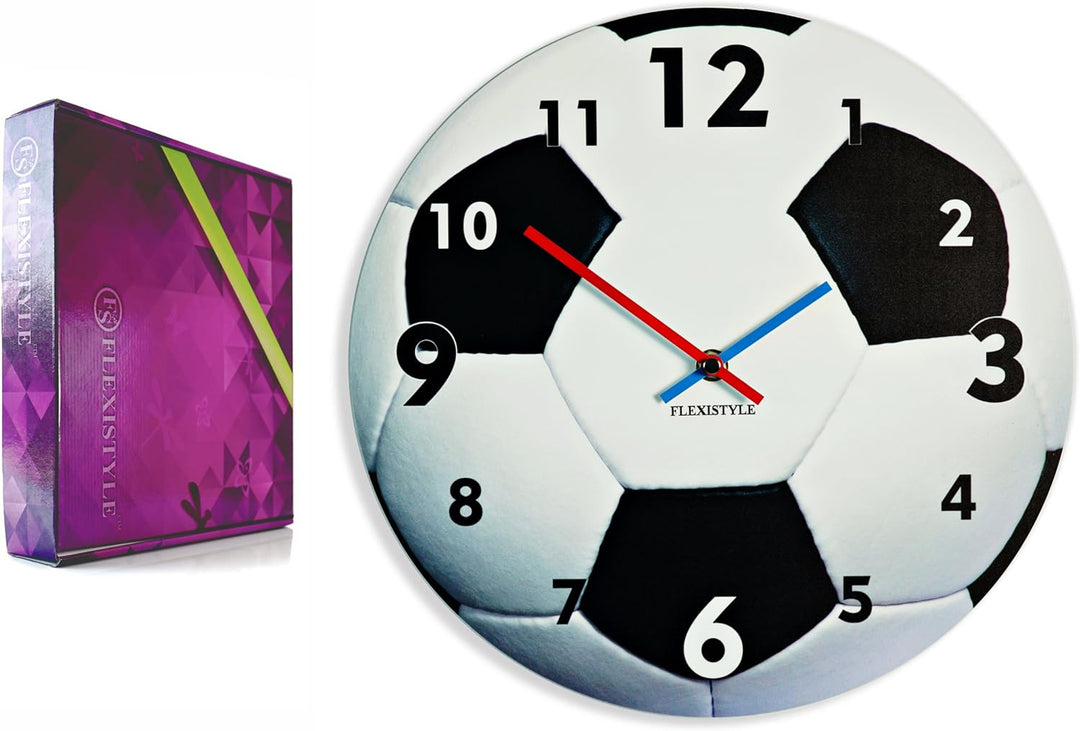 FLEXISTYLE Einzigartige Wanduhr für Kinder Fussball, leise Nicht Ticken, oval, 30 cm, Acryl, für Kin