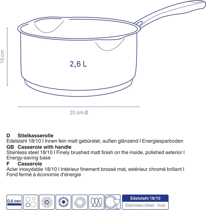 Kela 10183 Flavoria Stielkasserolle, 18/8 Stainless Steel, 2.6 liters 2,6 l, 2,6 l