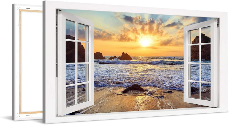 PICANOVA – Bild auf Leinwand Felsiger Strand Sonnenuntergang Fenster 100x50cm – Leinwandbild – Premi