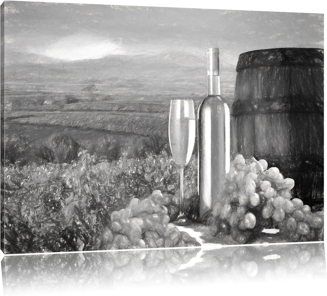 Pixxprint Weinreben mit Weinflasche und Fass als Leinwandbild/Grösse: 100x70 cm/Wandbild/Kunstdruck/