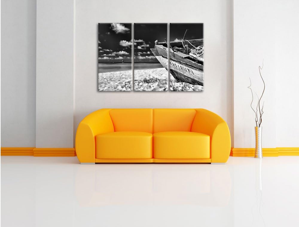 Pixxprint Monocrome, Boot am Strand 3-Teiler Leinwandbild 120x80 Bild auf Leinwand