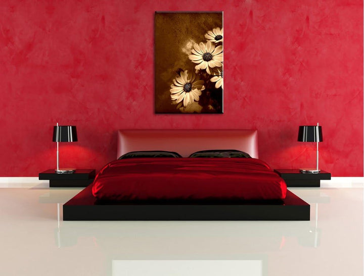 Pixxprint kleine Margareten an Hauswand auf Leinwand, XXL riesige Bilder fertig gerahmt mit Keilrahm