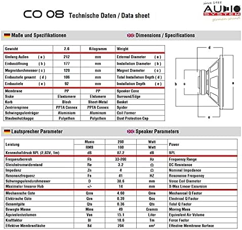 Audio System CO 08 EVO 20 cm CO-Series Subwoofer 280 Watt, 4 Ohm, 200 mm Sub