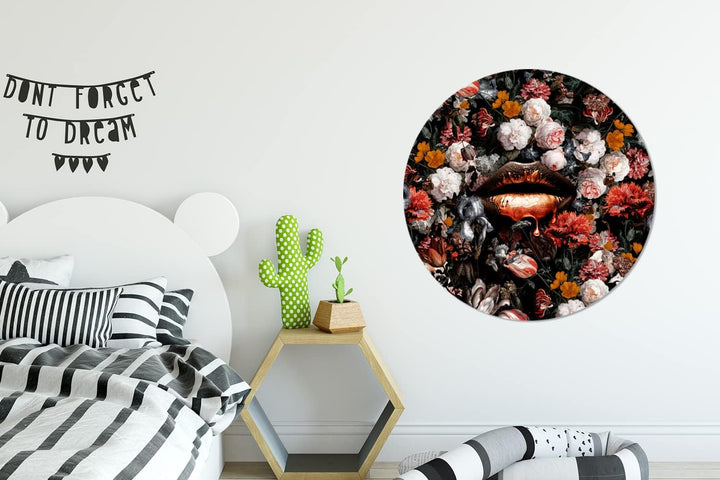 Wandbild Rund Wanddeko Deko Wohnzimmer Bilder 90x90 cm Lippen - Blumen - Farbe - Orange - Kunst - Ab