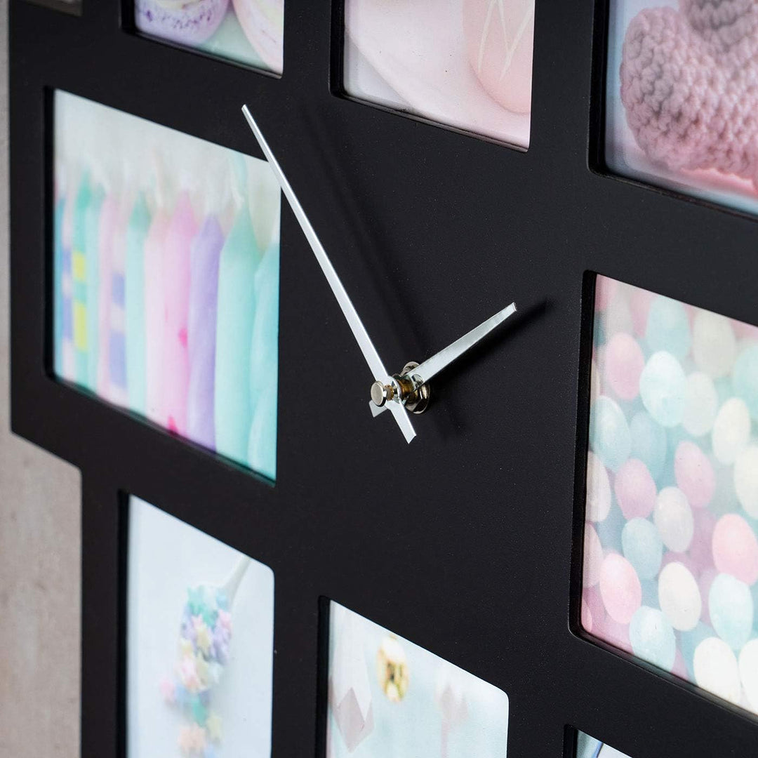 levandeo Wanduhr Schwarz 48x48cm Holz Bilderrahmen 8 Fotos Fotorahmen Collage Fotouhr Uhr Küchenuhr