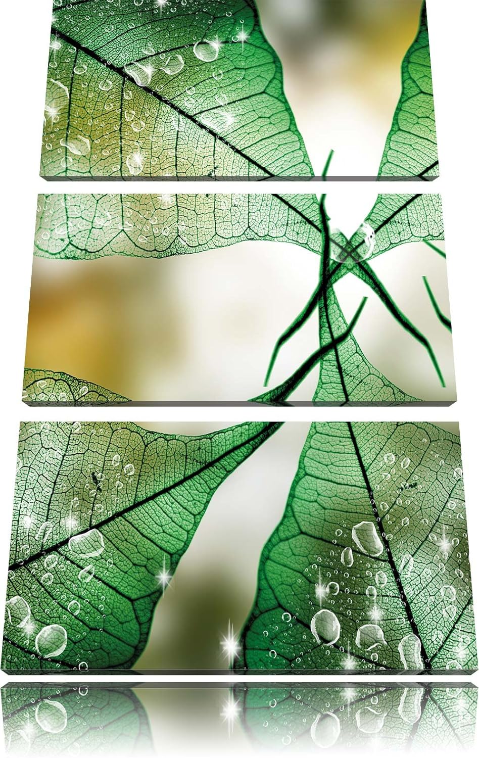 Pixxprint Grüne Blätter / 3-Teilig/Gesamtmass 120cm Leinwandbild bespannt auf Holzrahmen/Wandbild Ku