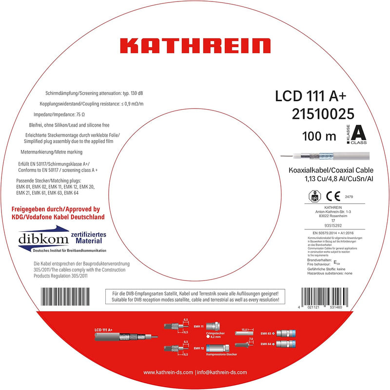 Kathrein LCD 111 Koaxialkabel 1,13/6,9 mm PVC 100 m Einwegspule weiss