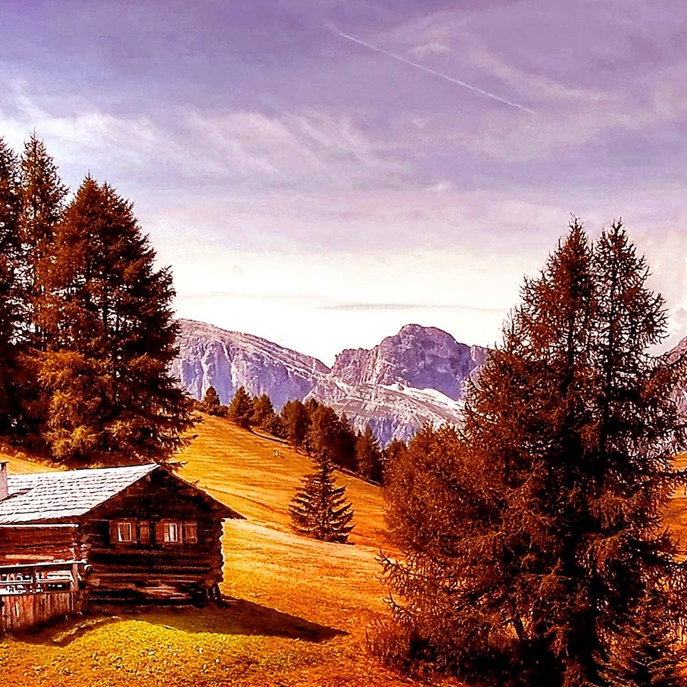 Feeby Bilder Berge 200x100 cm - Leinwandbild 5 Teilig XXL Kunstdruck Hütte Bäume rot Leinwandbild XX