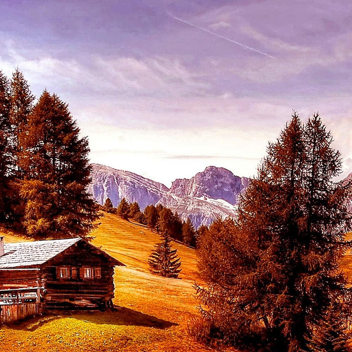 Feeby Bilder Berge 200x100 cm - Leinwandbild 5 Teilig XXL Kunstdruck Hütte Bäume rot Leinwandbild XX