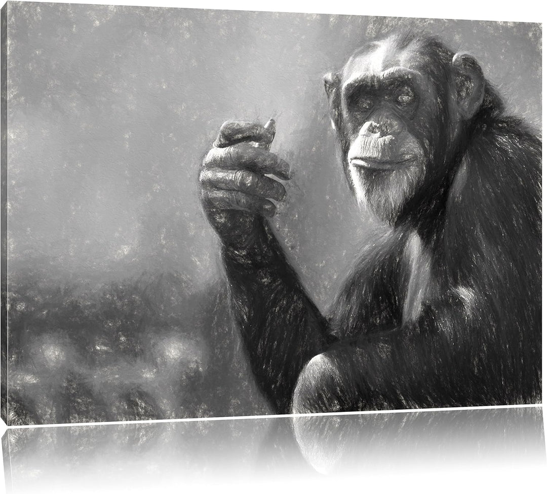 Pixxprint Aufmerksamer Schimpanse Kunst / 100x70cm Leinwandbild bespannt auf Holzrahmen/Wandbild Kun