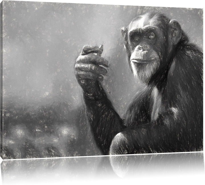 Pixxprint Aufmerksamer Schimpanse Kunst / 100x70cm Leinwandbild bespannt auf Holzrahmen/Wandbild Kun