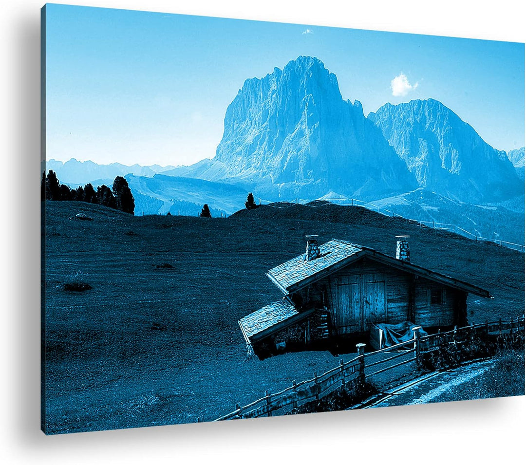 deyoli Holzhütte im Gebirge Format: 80x60 Effekt: Monocrome Blau als Leinwandbild, Motiv fertig gera