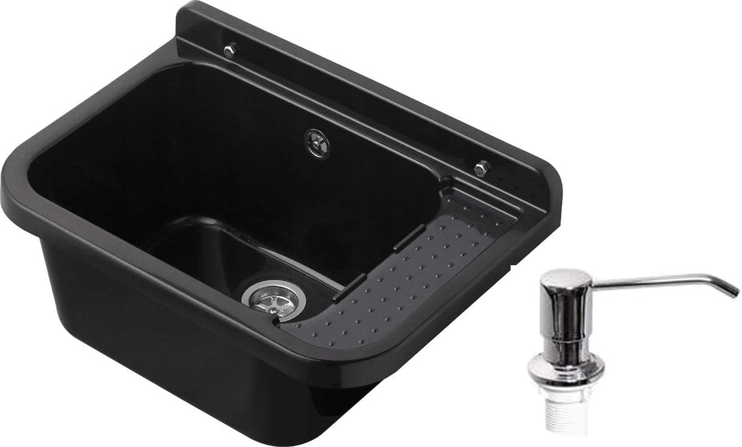 VBChome Ausgussbecken 50 x 34 x 21 cm Schwarz Seifenspender Spülbecken Waschtrog mit Überlauf Waschb