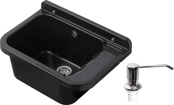 VBChome Ausgussbecken 50 x 34 x 21 cm Schwarz Seifenspender Spülbecken Waschtrog mit Überlauf Waschb