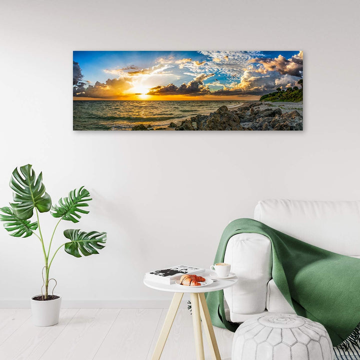Feeby Wandbild Sonnenuntergang Druckbild Leinwandbild Natur Blau 120x40 cm Leinwandbild 120x40 cm Bl
