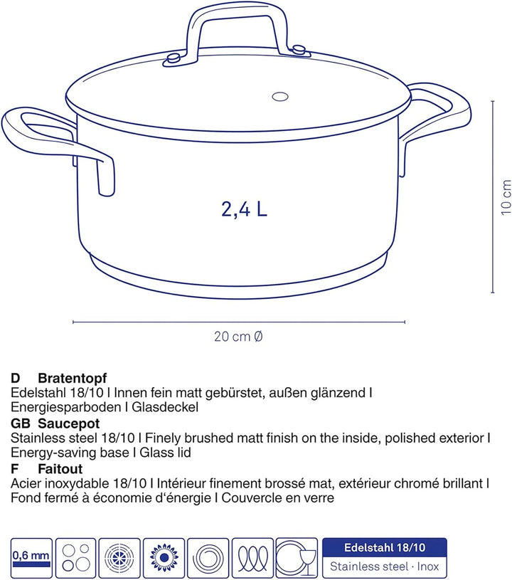 Kela 10172 Flavoria Bratentopf, 18/8 Stainless Steel, 2.4 liters 2,4 l, 2,4 l