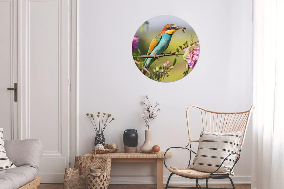 MuchoWow Wandbild Rund Wanddeko Deko Wohnzimmer Bilder 60x60 cm Vogel - Bienenfresser - Blumen, 60x6