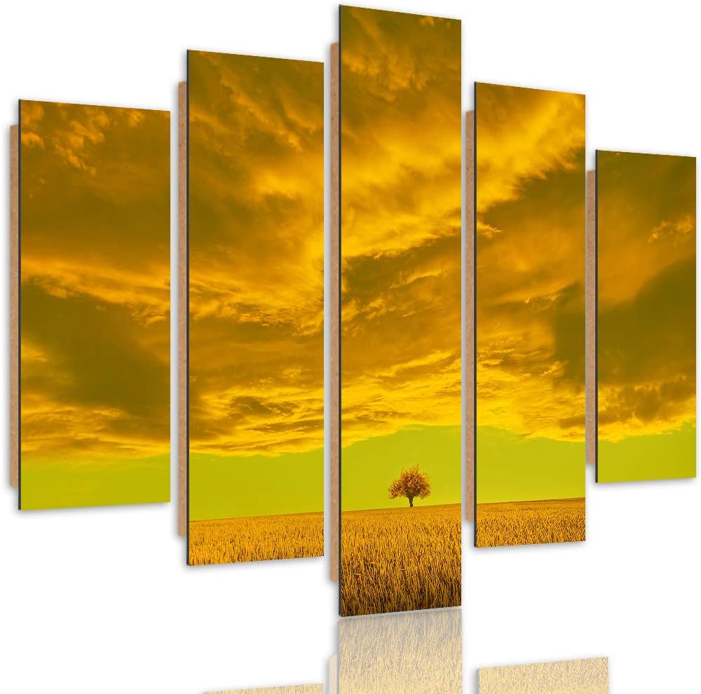 Feeby Wandbild Abstrakt 100x70 cm - Deco Panel - 5 Teilig - Kunstdruck Wiese Wolke orange Deco Panel