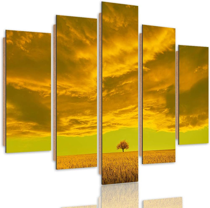 Feeby Wandbild Abstrakt 100x70 cm - Deco Panel - 5 Teilig - Kunstdruck Wiese Wolke orange Deco Panel