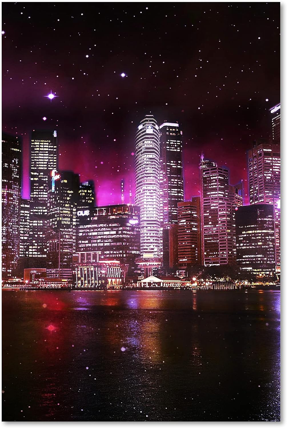 Feeby Vlies Leinwandbild Stadt Fluss Nacht Sternenhimmel 60x90 cm Druckbild Wandbild Wanddekoration