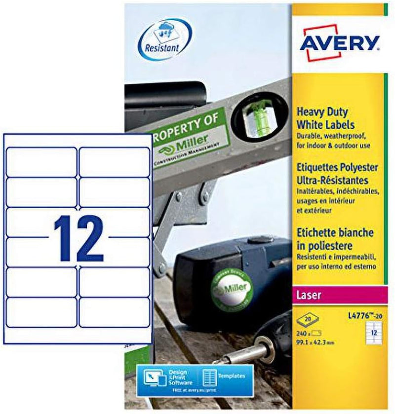 Avery L4776-20 Etiketten sehr widerstandsfähig für Laserdrucker 99,1 x 42,3 mm 240 Stück Weiss