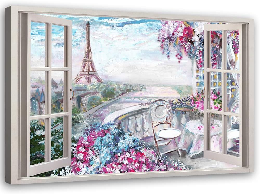 Leinwandbild XXL Paris Wandbild Kunst Fenster-Illusion Rosa 120x80 cm Leinwandbild 120x80 cm Rosa_b,