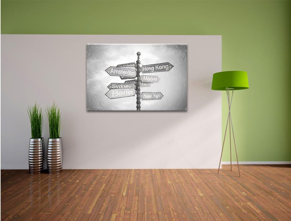 Pixxprint Städte Wegweiser Kunst als Leinwandbild/Grösse: 100x70 cm/Wandbild/Kunstdruck/fertig bespa