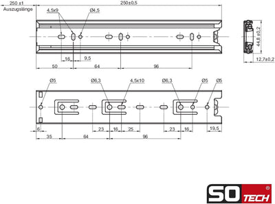 SOTECH 4 Paar (8 Stück) Vollauszüge KV1-45-H45-L250-NF 250 mm (eingeschoben) Schubladen Führung kuge