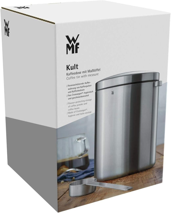 WMF Kult Tee- Kaffeedose für 500g, Edelstahldose mit Masslöffel, Cromargan Edelstahl mattiert, für K
