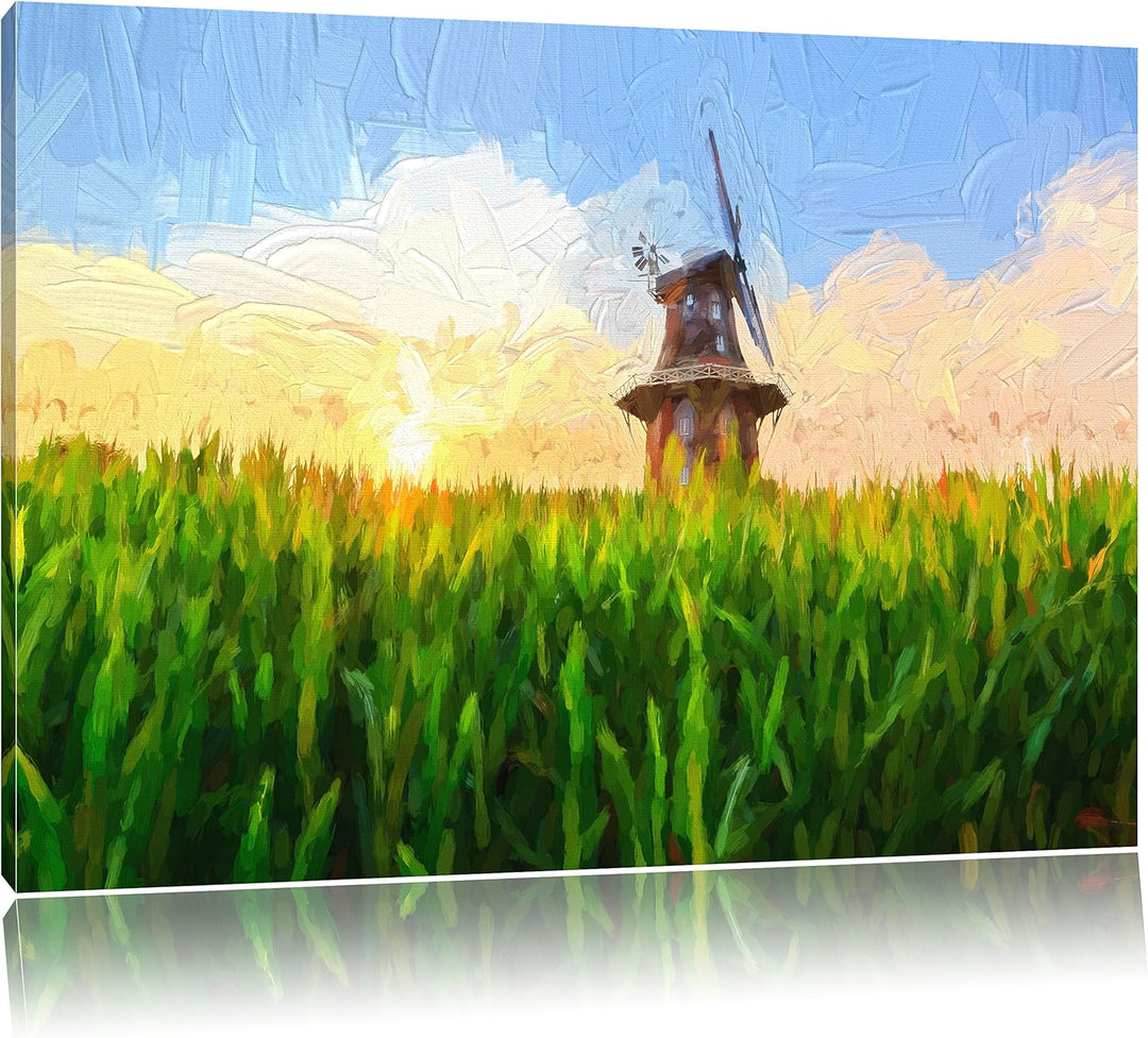 Pixxprint Windmühle auf dem Feld als Leinwandbild/Grösse: 100x70 / Wandbild/Kunstdruck/fertig bespan