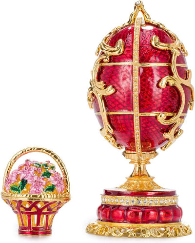 danila-souvenirs Fabergé-Stil Ei Spieluhr Schmuckkästchen Frühlingsblumen mit Korb der Blumen 16,5 c