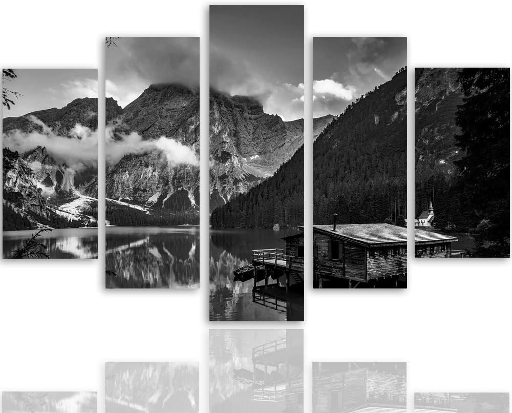 Feeby Bilder Berge 200x100 cm - Leinwandbild 5 Teilig XXL Kunstdruck Hütte See schwarz Leinwandbild