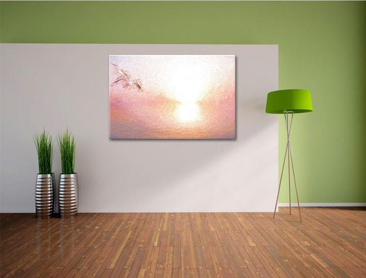 Möwen am Meer bei Sonnenaufgang Deluxe Format: 100x70 cm auf Leinwand, XXL riesige Bilder fertig ger