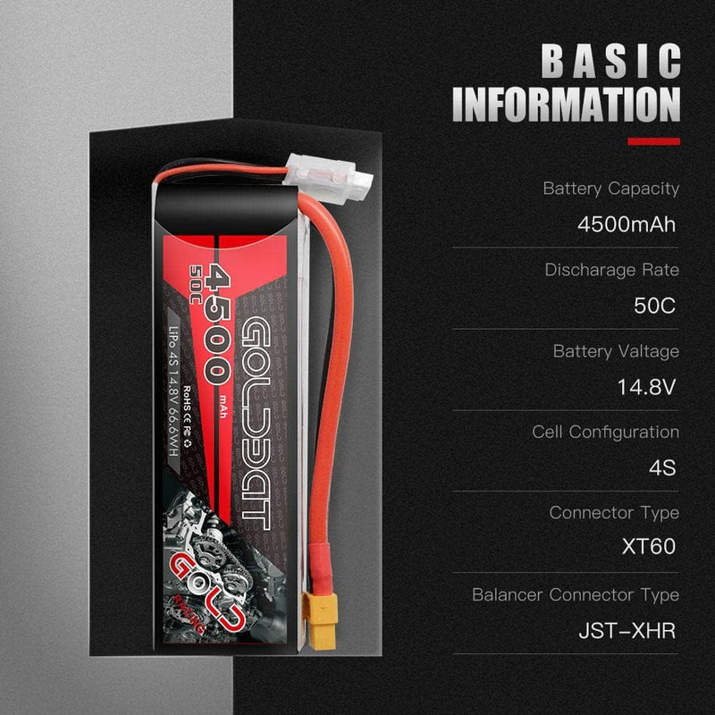 GOLDBAT 14,8V 50C 4500mAh 4S LiPo Batterie RC Akku mit XT60 Stecker für RC Flugzeug Quadcopter Drone