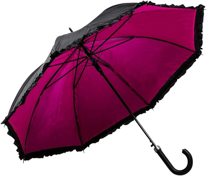 LUCKYWEATHER Regenschirm Stockschirm Damen Rüschenschirm schwarz/pink Auf-Automatik Double Layer I S