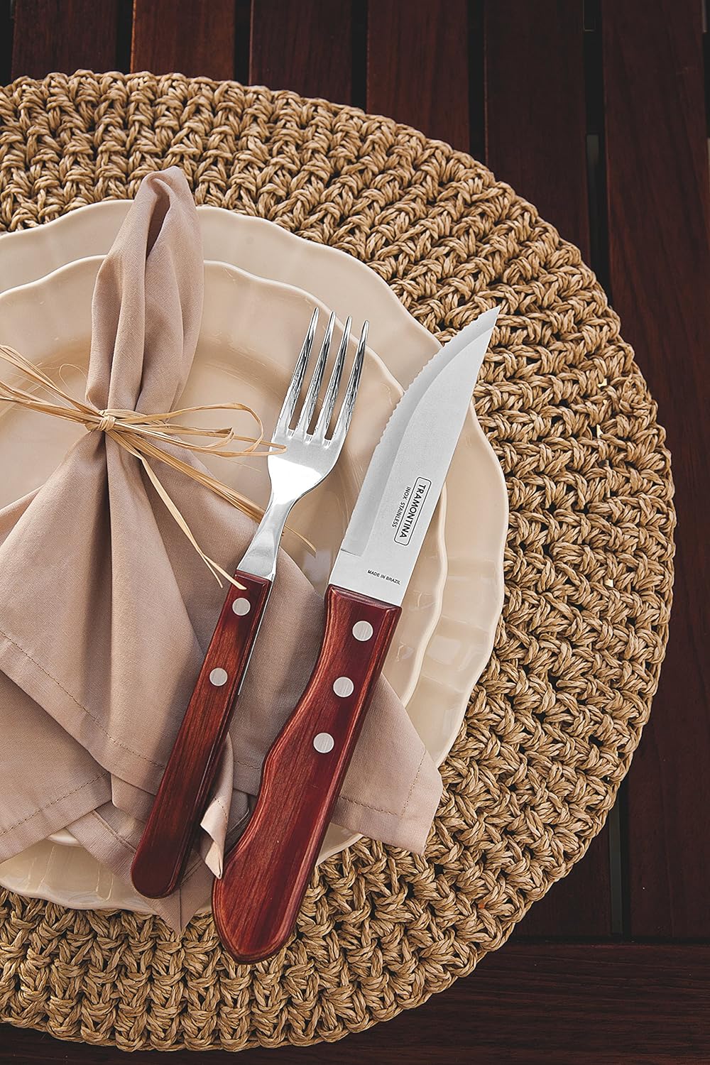 Tramontina Steakgabel Set Jumbo, 6-teilig, rostfreier Edelstahl, Holzgriff FSC-zertifiziert, spülmas